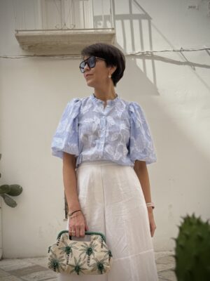 BLUZKA ANABELL★ niebiesko białe paski z kwiatami